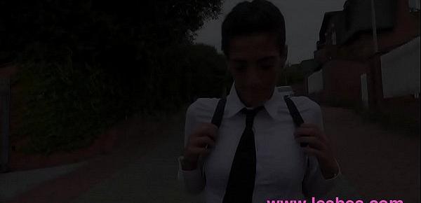  Lesbea School uniform teen strap on fucked by big tits maid